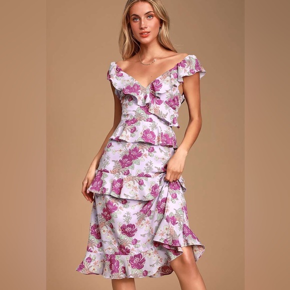 Lulus Dresses & Skirts - Lulu’s Fleur-Evermore Lavender Floral Print Ruffled Midi Dress Size Extra Small